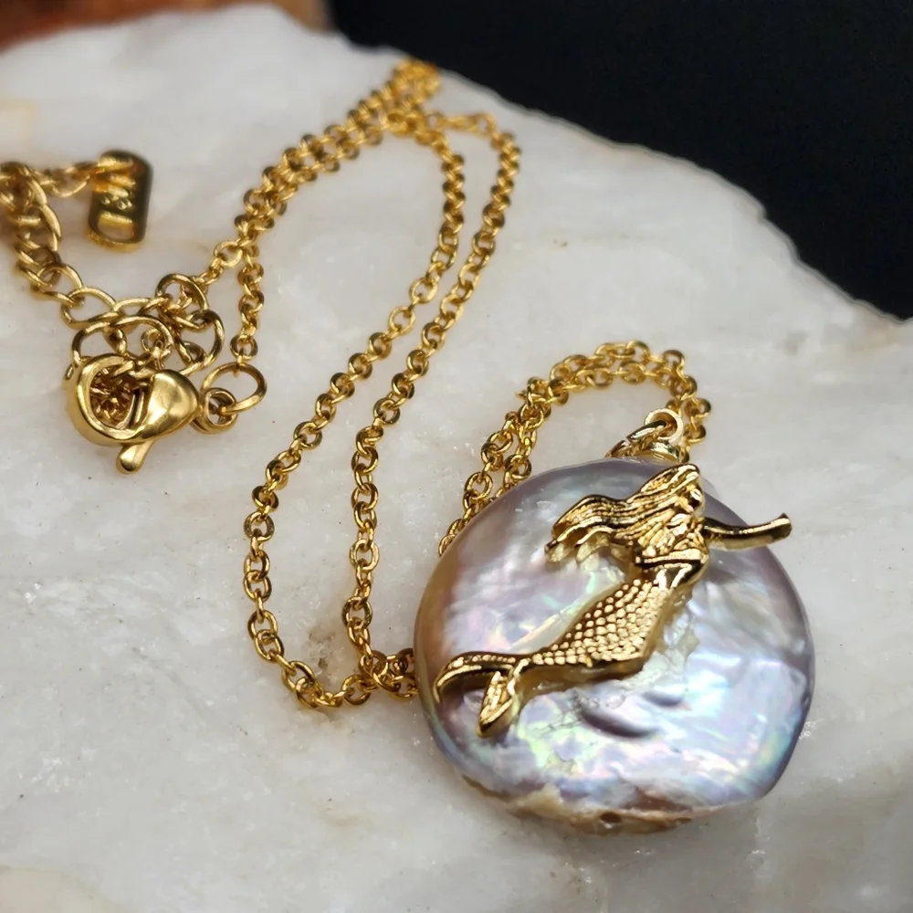 Minimalist Jewelry Mermaid Pendant Natural Pearl 14k Gold plated Necklace